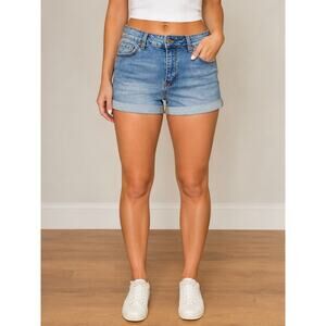 Wax Jean Womens L Cuffed Denim Shorts Blue Mid Rise Stretch Jean Shorts
